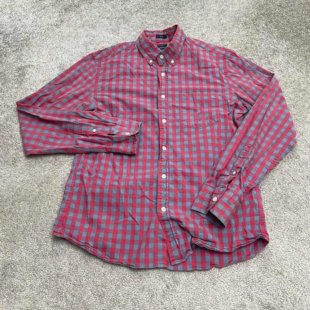 J.Crew Flex Washed Slim Fit Shirt Mens Medium Red Blue Plaid Long Sleeve Casual